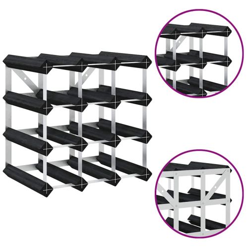 Стойка за вино за 12 бутилки, черна, масивна борова дървесина