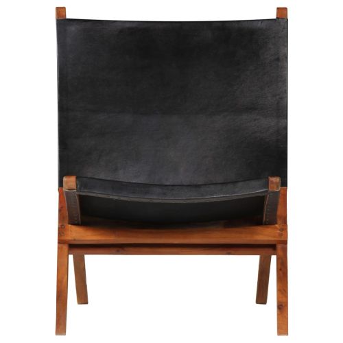 Сгъваем релакс стол, черен, естествена кожа