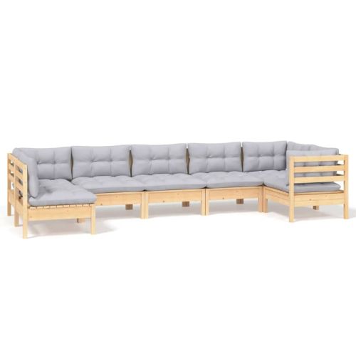 Градински лаундж комплект със сиви възглавници, 7 части, бор