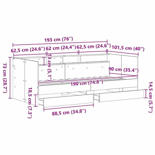 Легло-диван с таблото Старо дърво 90 x 190 cm Инженерно дърво