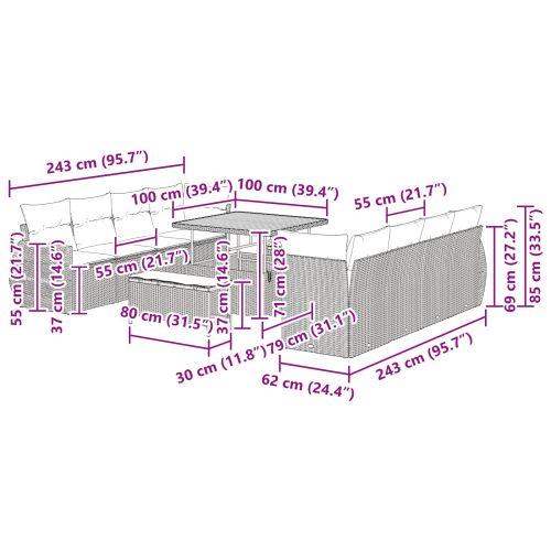 Градински Софа Комплект със съхранение 11 pcs Черно Полиратан
