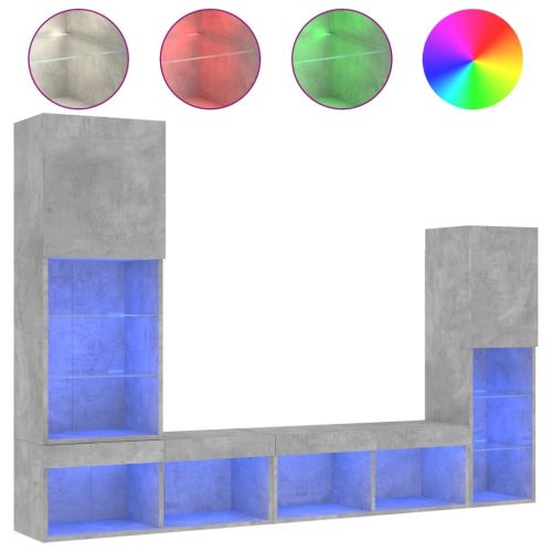 ТВ стенни модули с LED, 4 части, бетонно сиви, инженерно дърво