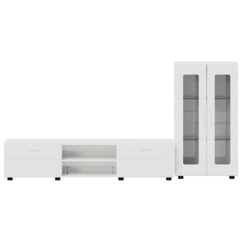 Комплект ТВ шкаф с чекмедже с рафт Лъскаво бяло Инженерно дърво