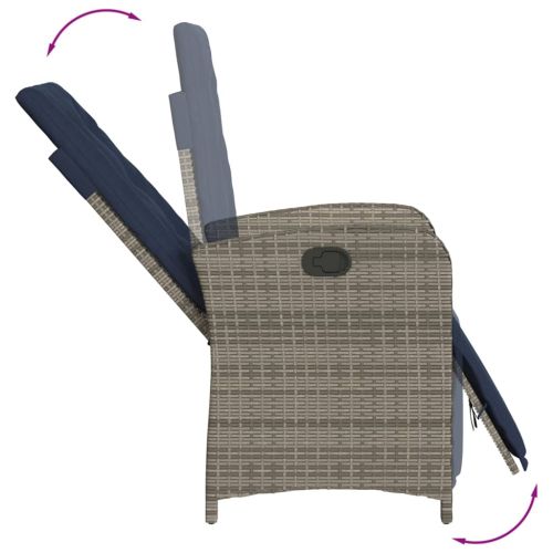 Накланящ се градински стол с опора за крака, сив, полиратан