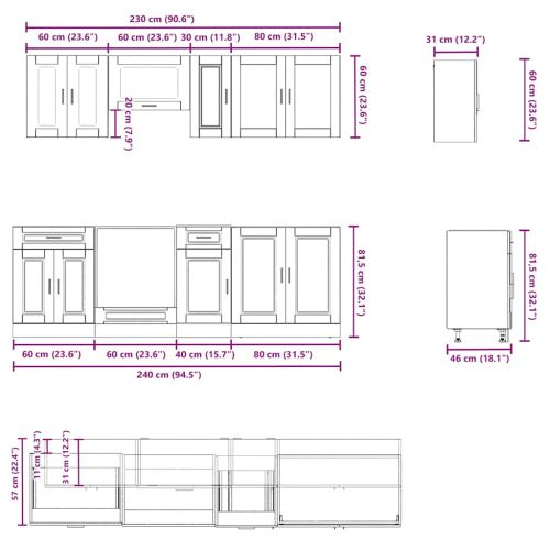 Комплект кухненски шкафове от 8 части "Porto" опушен дъб, инженерна дървесина