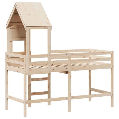 Таванско легло със стълба и покрив, 90x190 см, бор масив