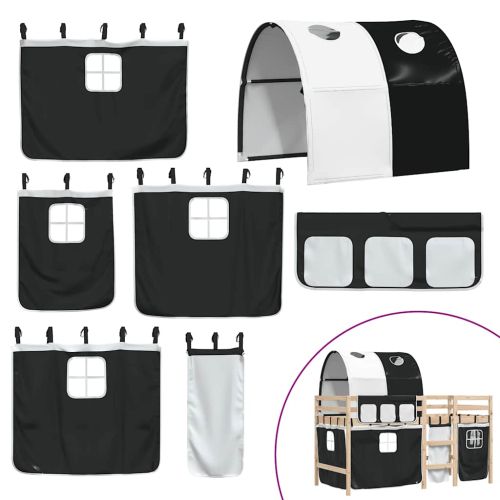 Детско високо легло с тунел, бяло и черно, 90x190 см, бор масив