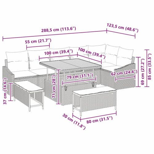 Градински Софа Комплект с възглавница 9 pcs Сив Полиратан