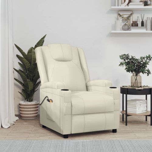 Изправящ масажен стол, кремавобял, изкуствена кожа