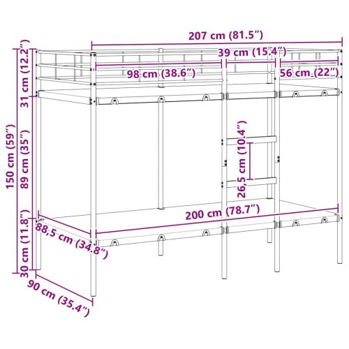 Двуетажно легло без матрак Бяло 90x200 cm Стомана