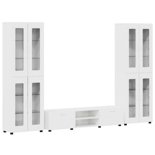 Комплект ТВ шкаф с чекмедже с рафт Лъскаво бяло Инженерно дърво