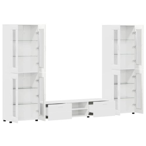 Комплект ТВ шкаф с чекмедже с рафт Лъскаво бяло Инженерно дърво