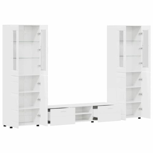 Комплект ТВ шкаф с чекмедже с рафт Лъскаво бяло Инженерно дърво