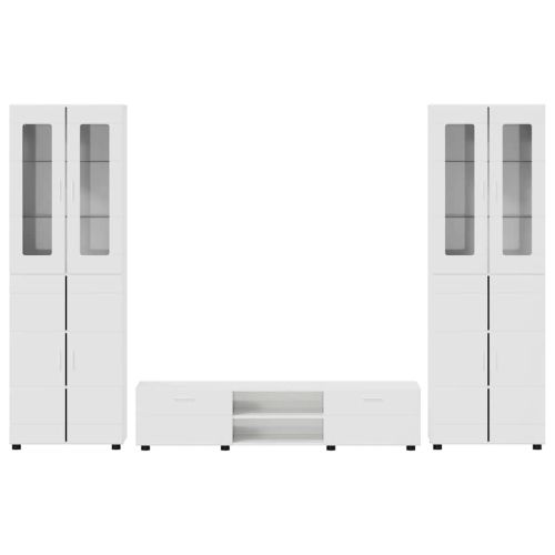 Комплект ТВ шкаф с чекмедже с рафт Лъскаво бяло Инженерно дърво