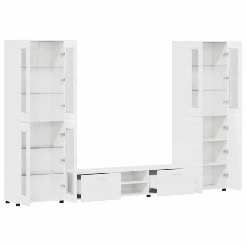 Комплект ТВ шкаф с чекмедже с рафт Лъскаво бяло Инженерно дърво