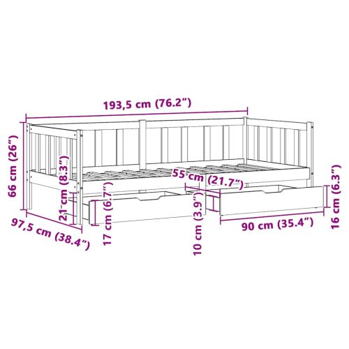 Дневно легло с чекмеджета без матрак бял 90x190 см дърво масив