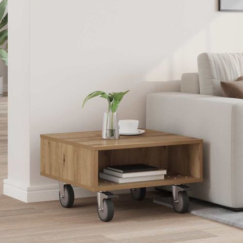 Странична маса с колела Дъб 50 x 50 x 30 см Инженерно дърво