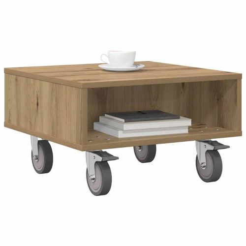 Странична маса с колела Дъб 50 x 50 x 30 см Инженерно дърво