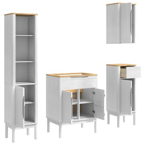 Комплект мебели за баня с рафт 4 pcs Бяло Солидно борово дърво