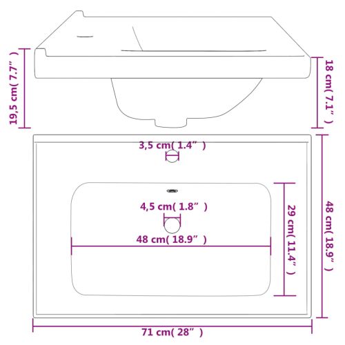 Мивка за баня, бяла, 71x48x19,5 см, правоъгълна, керамика