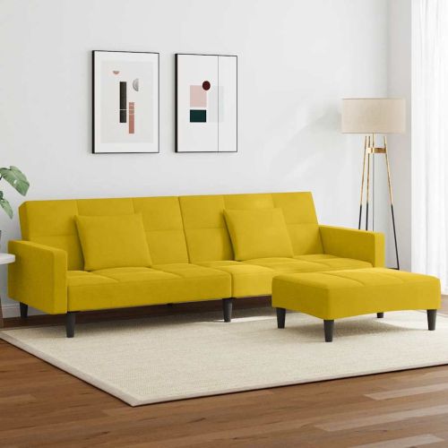 2-местно разтегателно канапе с табуретка, жълто, кадифе