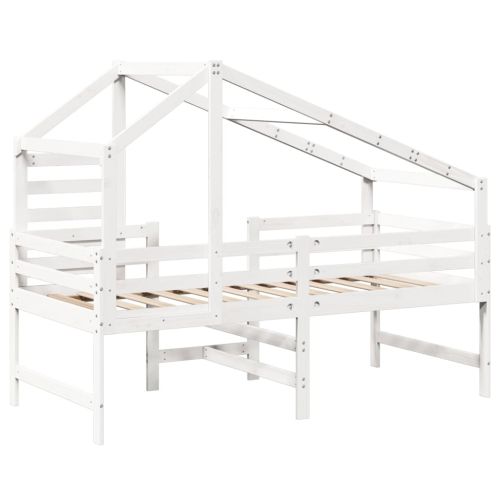 Таванско легло със стълба и покрив, бяло, 90x190 см, бор масив