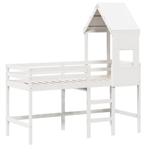 Таванско легло със стълба и покрив, бяло, 90x190 см, бор масив