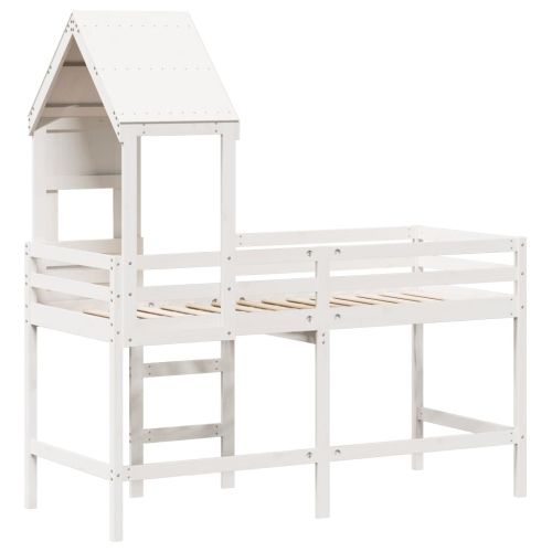 Таванско легло със стълба и покрив, бяло, 90x190 см, бор масив