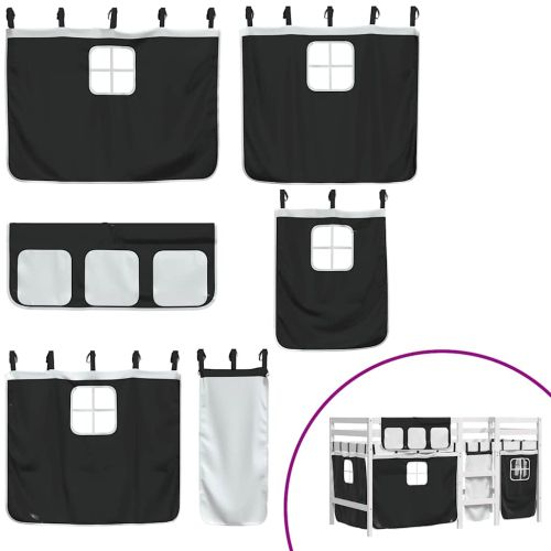 Детско високо легло със завеси бяло и черно 90x190 см бор масив