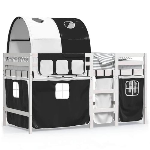 Детско високо легло с тунел, бяло и черно, 90x190 см, бор масив