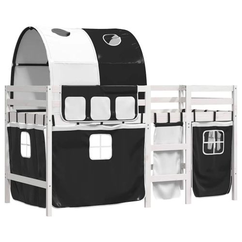 Детско високо легло с тунел, бяло и черно, 90x190 см, бор масив
