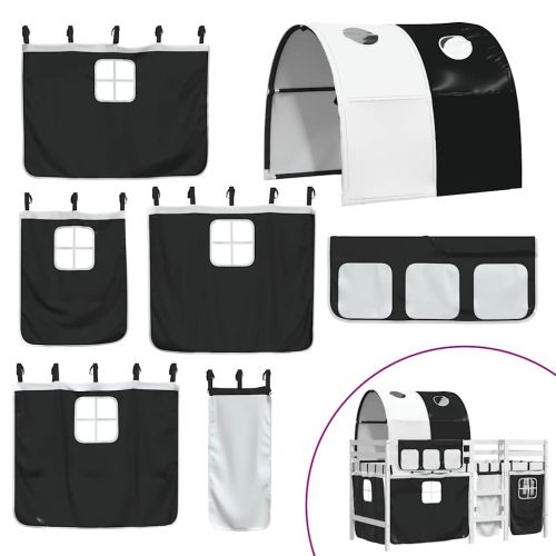 Детско високо легло с тунел, бяло и черно, 90x190 см, бор масив