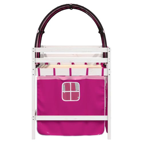 Детско високо легло с тунел, розово, 90x190 см, бор масив