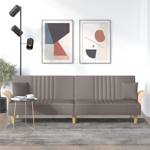 Разтегателен диван с подлакътници, таупе, плат