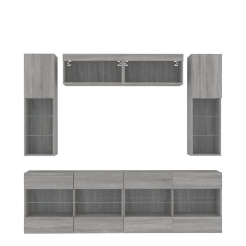 Комплект ТВ стенни шкафове, 6 части, с LED светлини, сив сонома