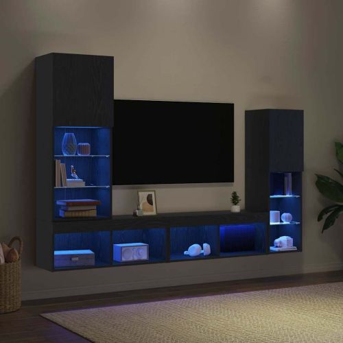 ТВ шкаф С LED лентисти светлини 4 pcs Черен дъб Инженерно дърво