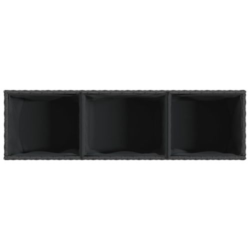 Външен плантер с колела и 3 саксии черен 107x32x38 см полиратан