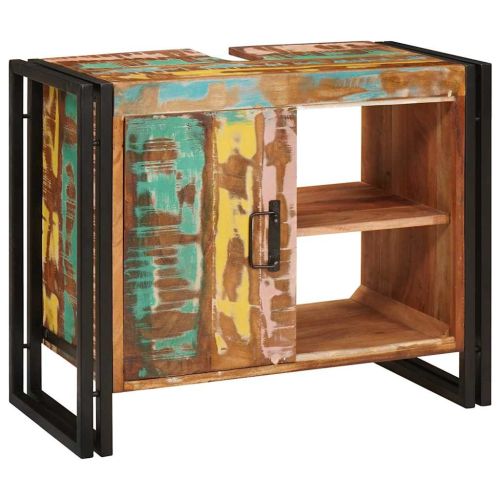 Шкаф за мивка с рафт Многоцветен Солидно възстановено дърво