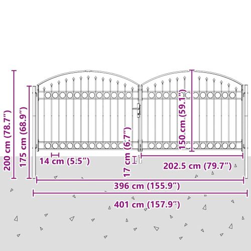 Врата за ограда с заключване Сив 301 x 224.5 см Стомана
