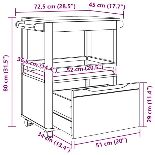 Кухненска количка FLORO Кафяво с восъчно покритие Солиден бор