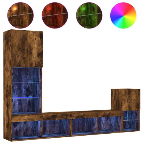 ТВ стенни модули с LED, 4 части, опушен дъб, инженерно дърво