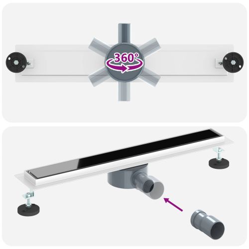 Душов дренаж с стъклен капак и 360° сифона Черно 60 cm