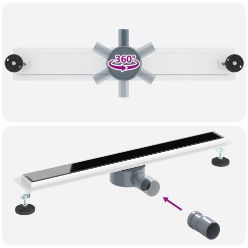 Душов дренаж с стъклен капак и 360° сифона Черно 70 cm