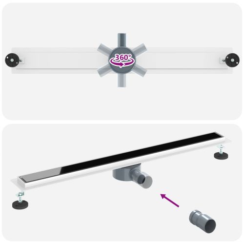 Душов дренаж с стъклен капак и 360° сифона Черно 90 cm