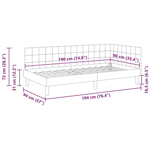 Ъглова рамка за легло Светлосиво 90 см x 190 см Кадифе