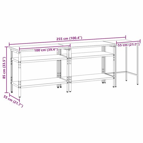 Комплект работна маса с рафт със съхранение 3 pcs Сив Стомана