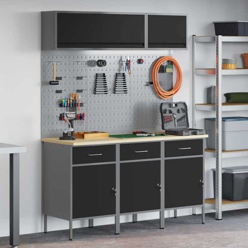 Комплект работни шкафове с чекмедже със съхранение 8 pcs Черно