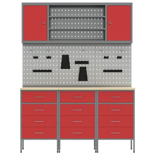 Работен кабинет 7 pcs Червено Инженерна дървесина и стомана