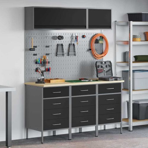 Комплект работни шкафове с чекмедже със съхранение 8 pcs Черно