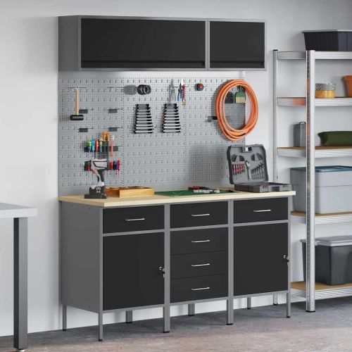 Комплект работни шкафове с чекмедже със съхранение 8 pcs Черно